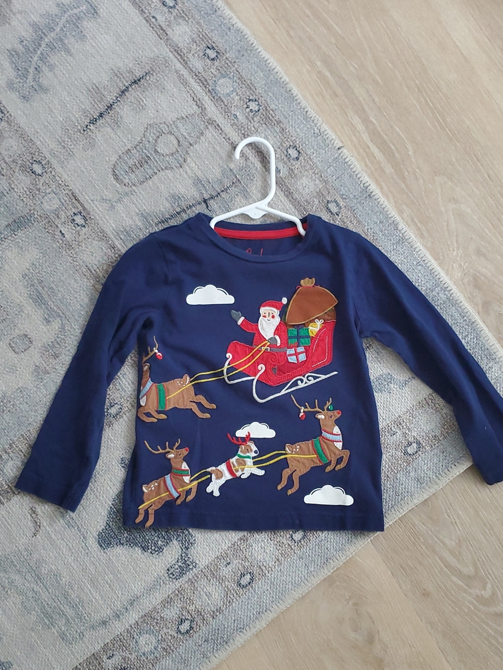 Mini Boden Navy Long-Sleeve Santa Sleigh Tee Lift the Flap Christmas Top Sz3-4y